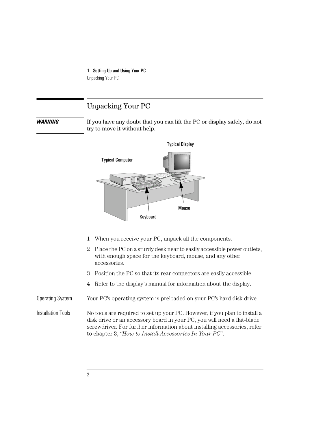 HP Vectra VL 5/xxx Unpacking Your PC, Try to move it without help, When you receive your PC, unpack all the components 