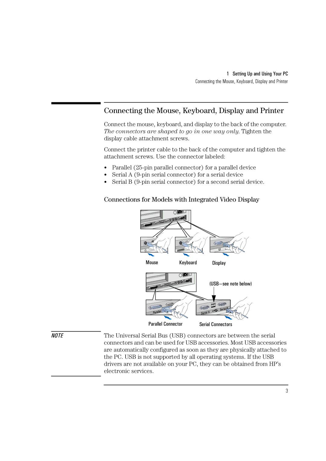 HP Vectra VL 5/xxx manual Connecting the Mouse, Keyboard, Display and Printer 