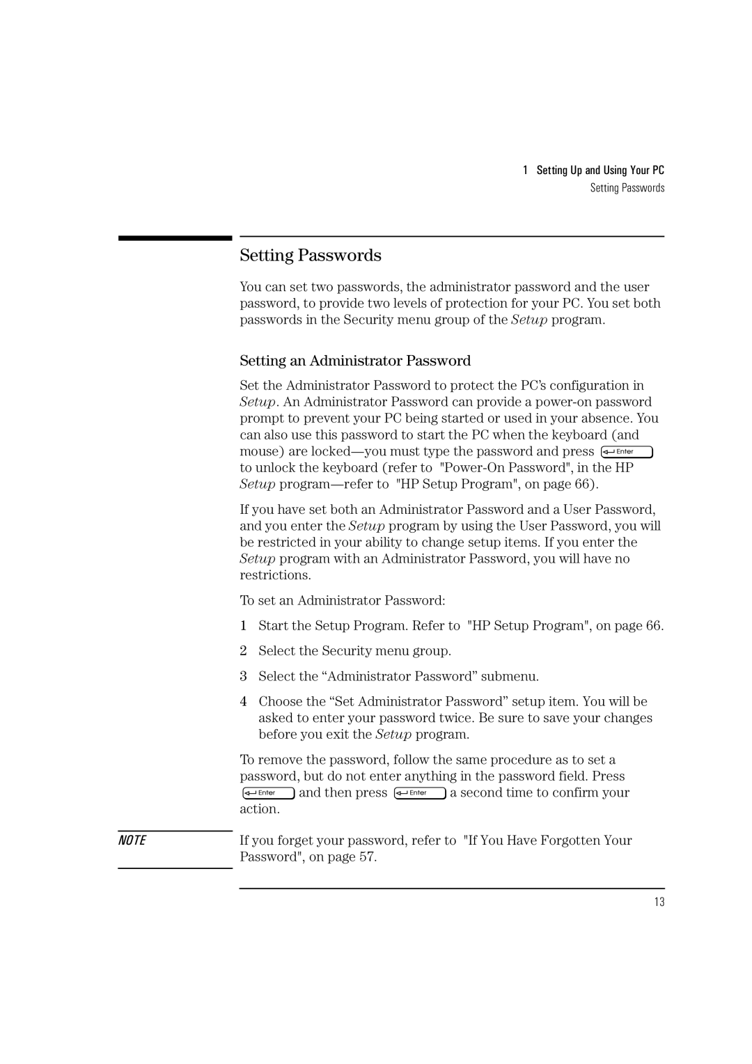 HP Vectra VL 5/xxx manual Setting Passwords, Setting an Administrator Password 