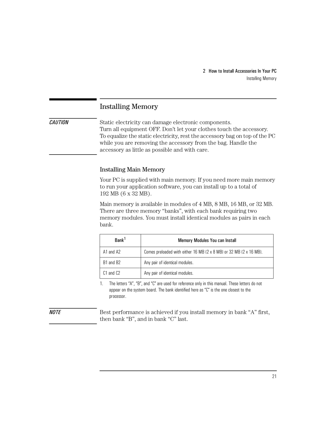 HP Vectra VL 5/xxx manual Installing Memory, Installing Main Memory, Static electricity can damage electronic components 