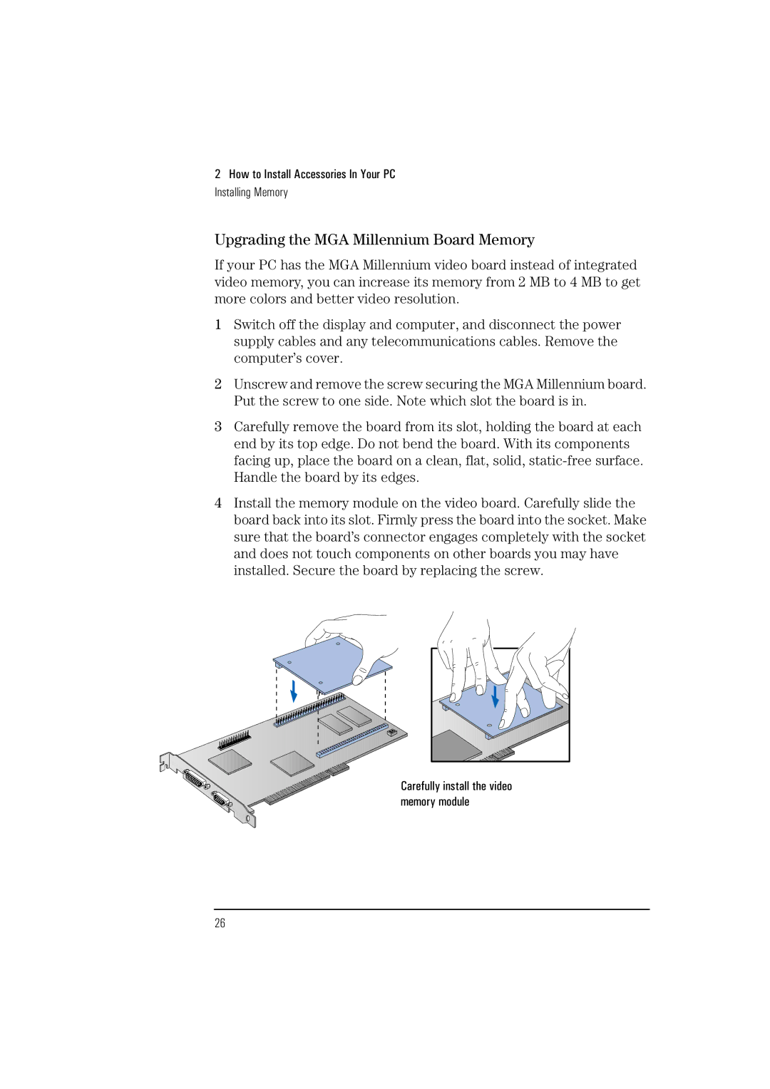 HP Vectra VL 5/xxx manual Upgrading the MGA Millennium Board Memory 