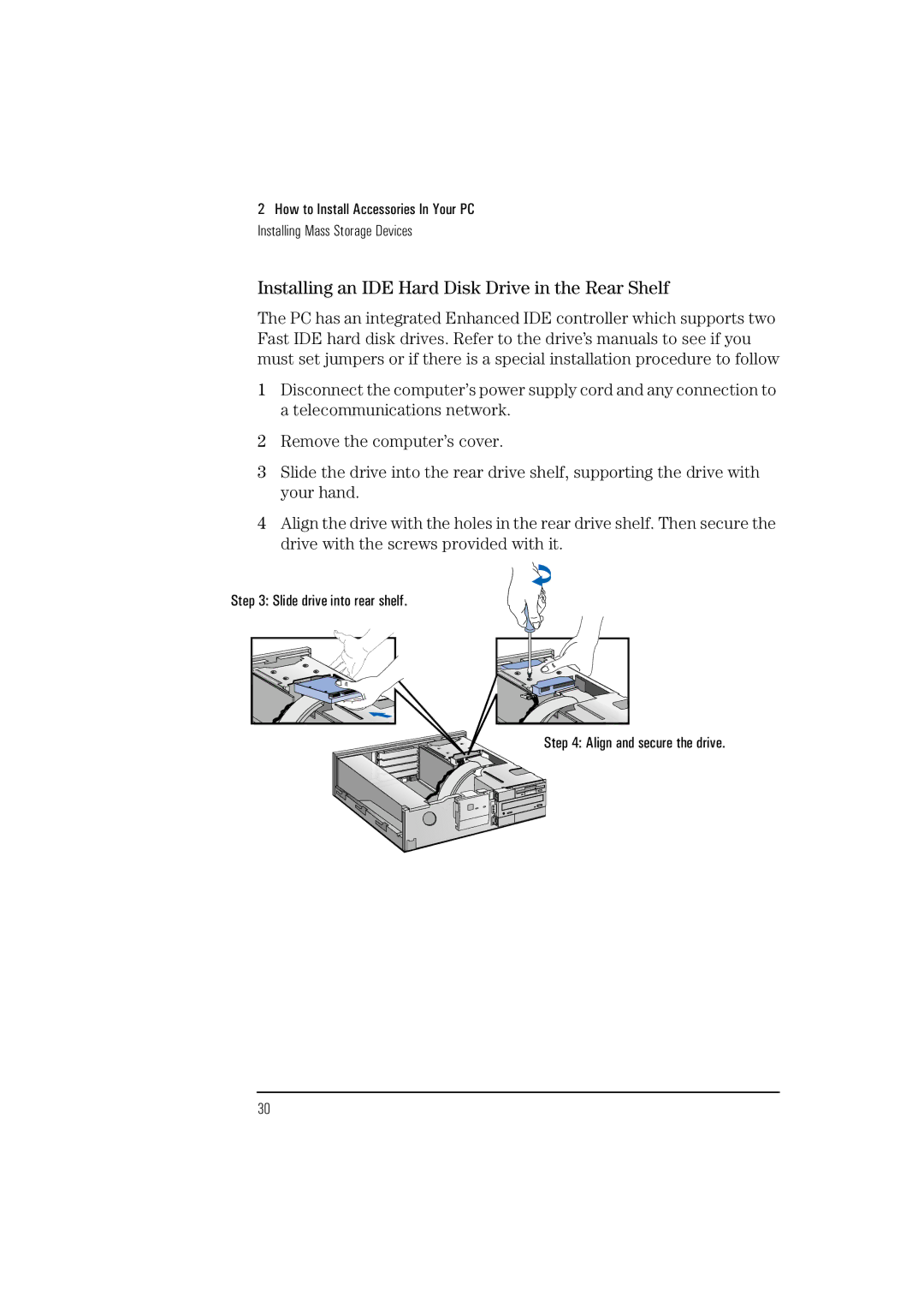 HP Vectra VL 5/xxx manual Installing an IDE Hard Disk Drive in the Rear Shelf 