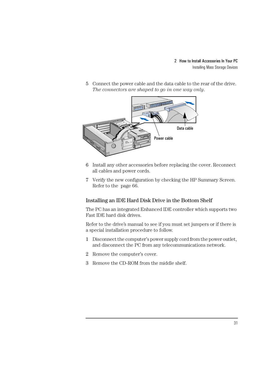 HP Vectra VL 5/xxx manual Installing an IDE Hard Disk Drive in the Bottom Shelf 