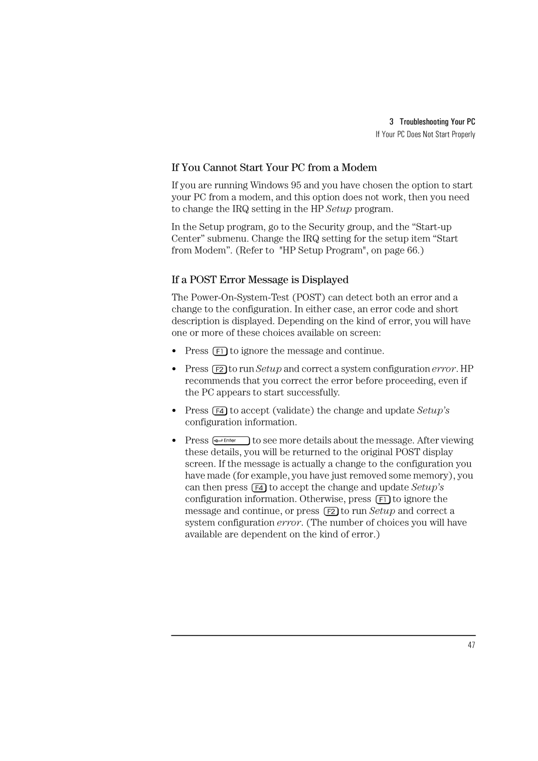 HP Vectra VL 5/xxx manual If You Cannot Start Your PC from a Modem, If a Post Error Message is Displayed 