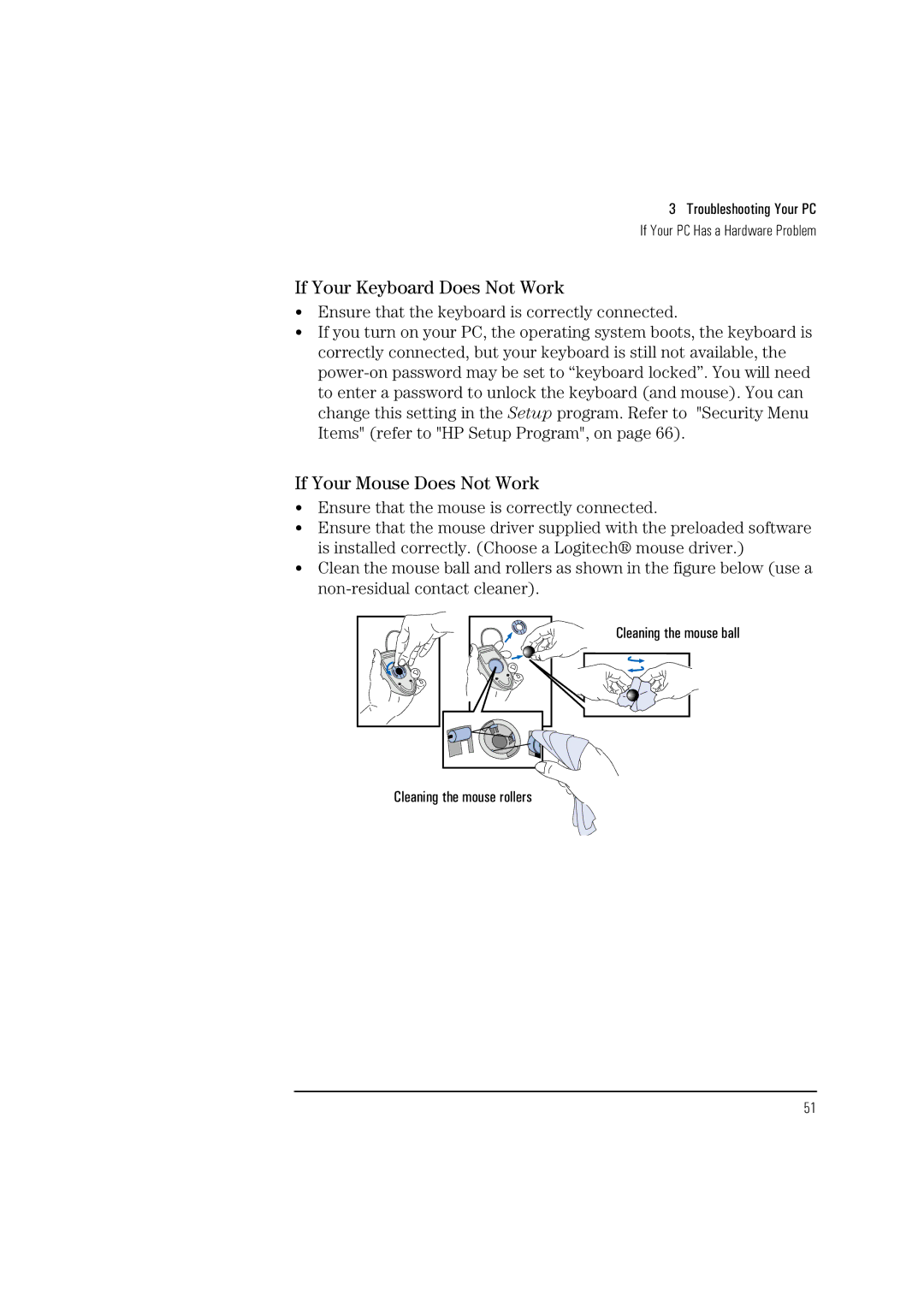 HP Vectra VL 5/xxx manual If Your Keyboard Does Not Work, If Your Mouse Does Not Work 