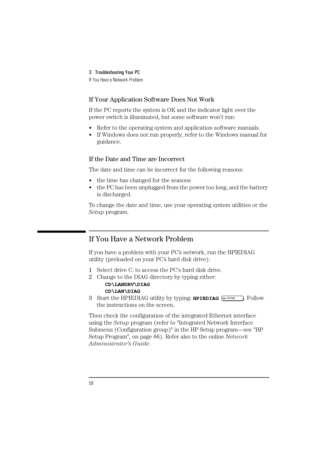 HP Vectra VL 5/xxx manual If You Have a Network Problem, If Your Application Software Does Not Work 