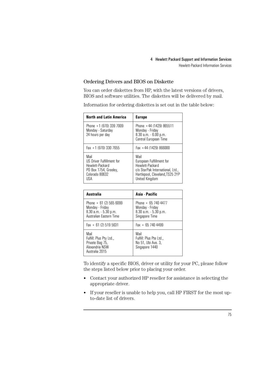 HP Vectra VL 5/xxx manual Ordering Drivers and Bios on Diskette, Europe, Australia Asia Pacific 