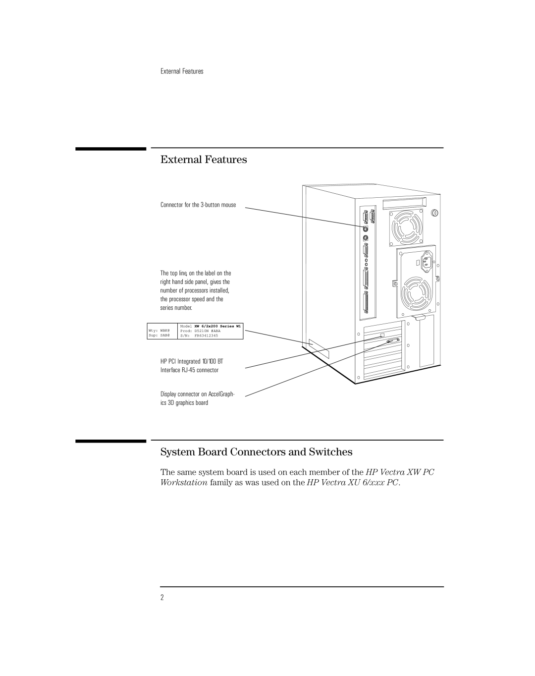 HP Vectra XW manual External Features, System Board Connectors and Switches 