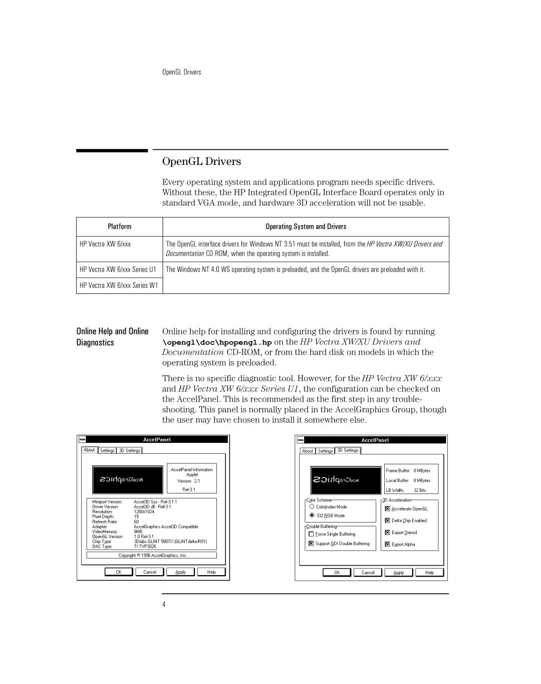 HP manual OpenGL Drivers, Platform Operating System and Drivers HP Vectra XW 6/xxx 