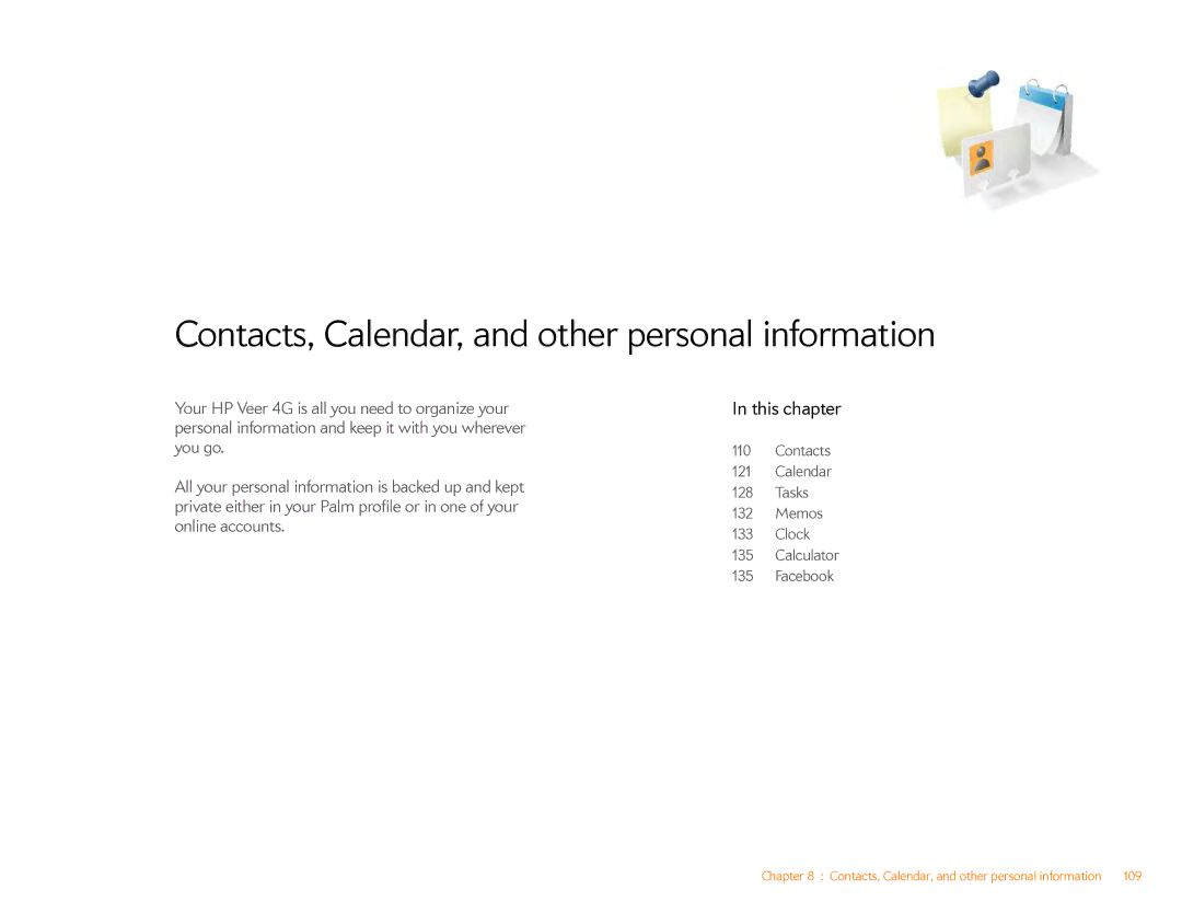 HP Veer 4G (AT&T) manual Contacts, Calendar, and other personal information, Calendar 128 Tasks, Memos 