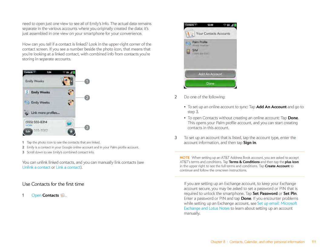 HP Veer 4G (AT&T) manual Use Contacts for the first time, Open Contacts 