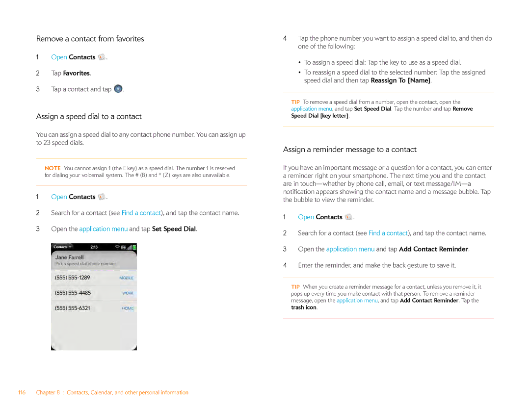 HP Veer 4G (AT&T) manual Remove a contact from favorites, Assign a speed dial to a contact 