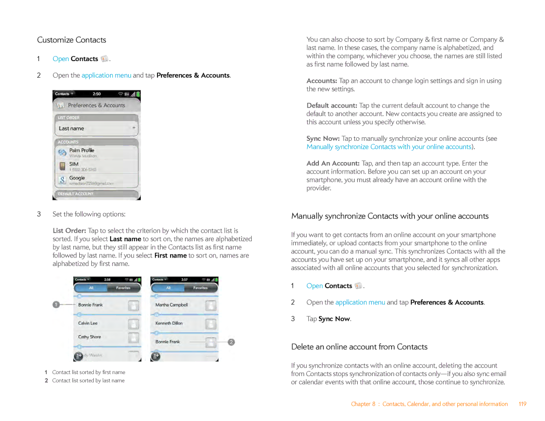 HP Veer 4G (AT&T) manual Customize Contacts, Manually synchronize Contacts with your online accounts 