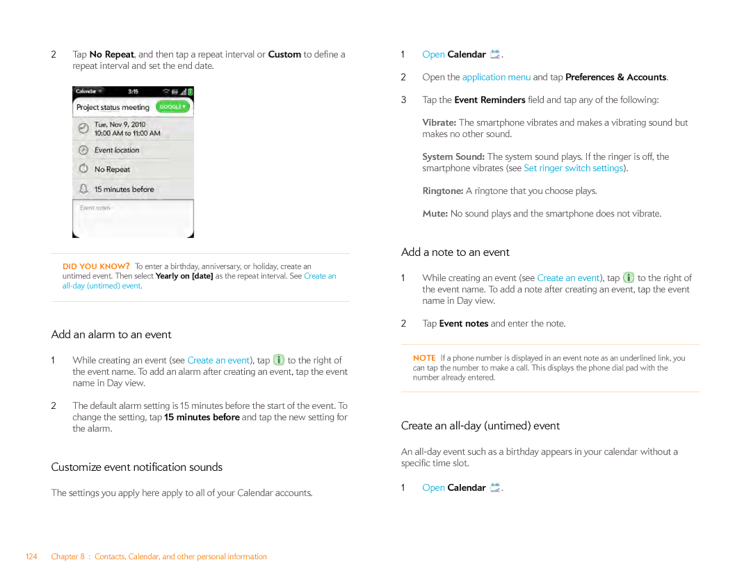 HP Veer 4G (AT&T) manual Add an alarm to an event, Customize event notification sounds, Add a note to an event 