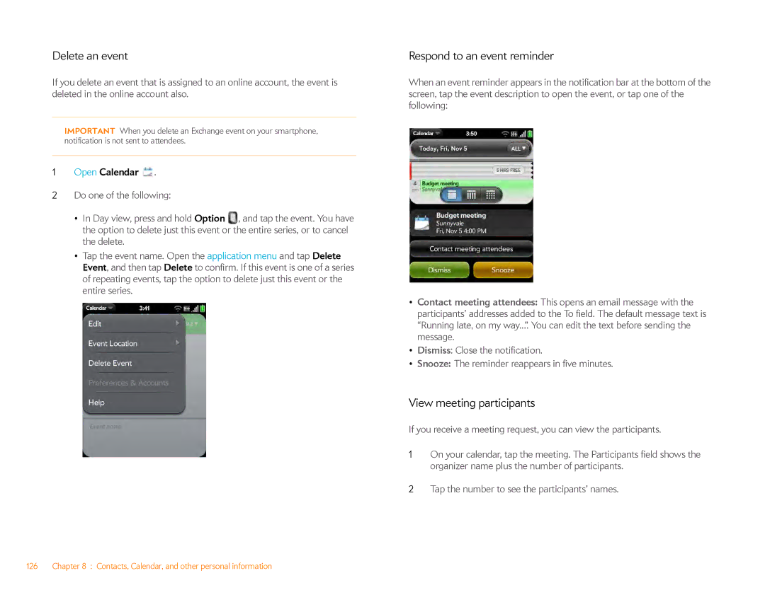 HP Veer 4G (AT&T) manual Delete an event, Respond to an event reminder, View meeting participants 
