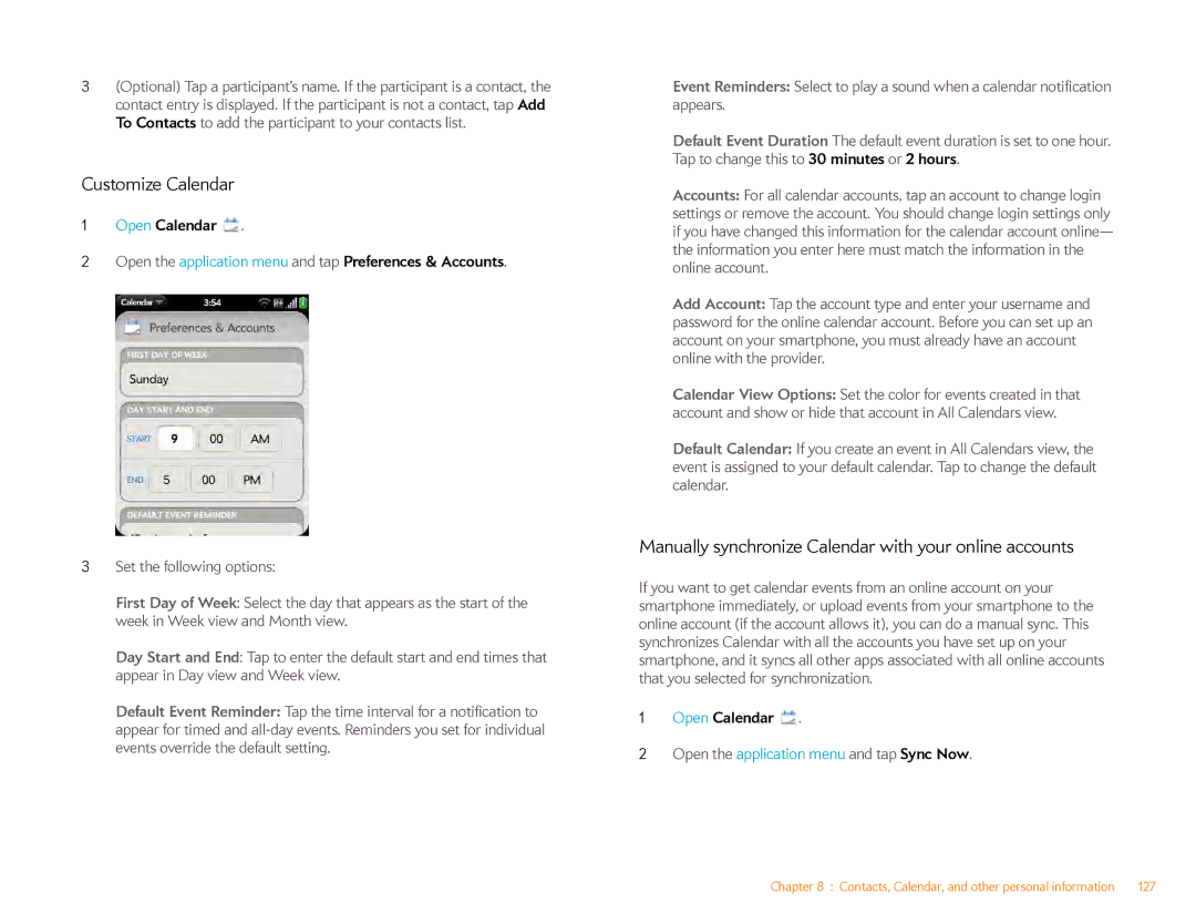 HP Veer 4G (AT&T) manual Customize Calendar, Manually synchronize Calendar with your online accounts 