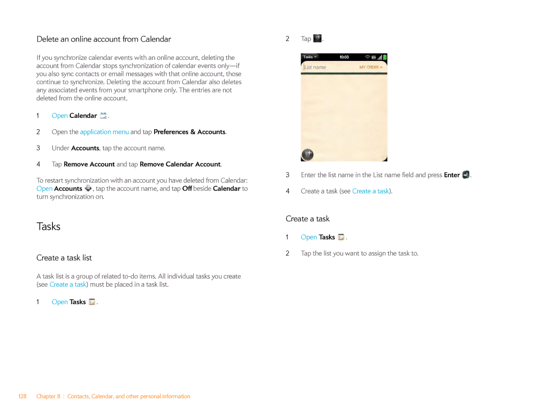 HP Veer 4G (AT&T) manual Tasks, Delete an online account from Calendar, Create a task list 