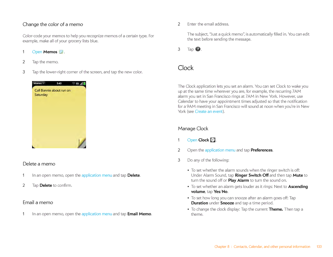 HP Veer 4G (AT&T) manual Change the color of a memo, Delete a memo, Email a memo, Manage Clock 