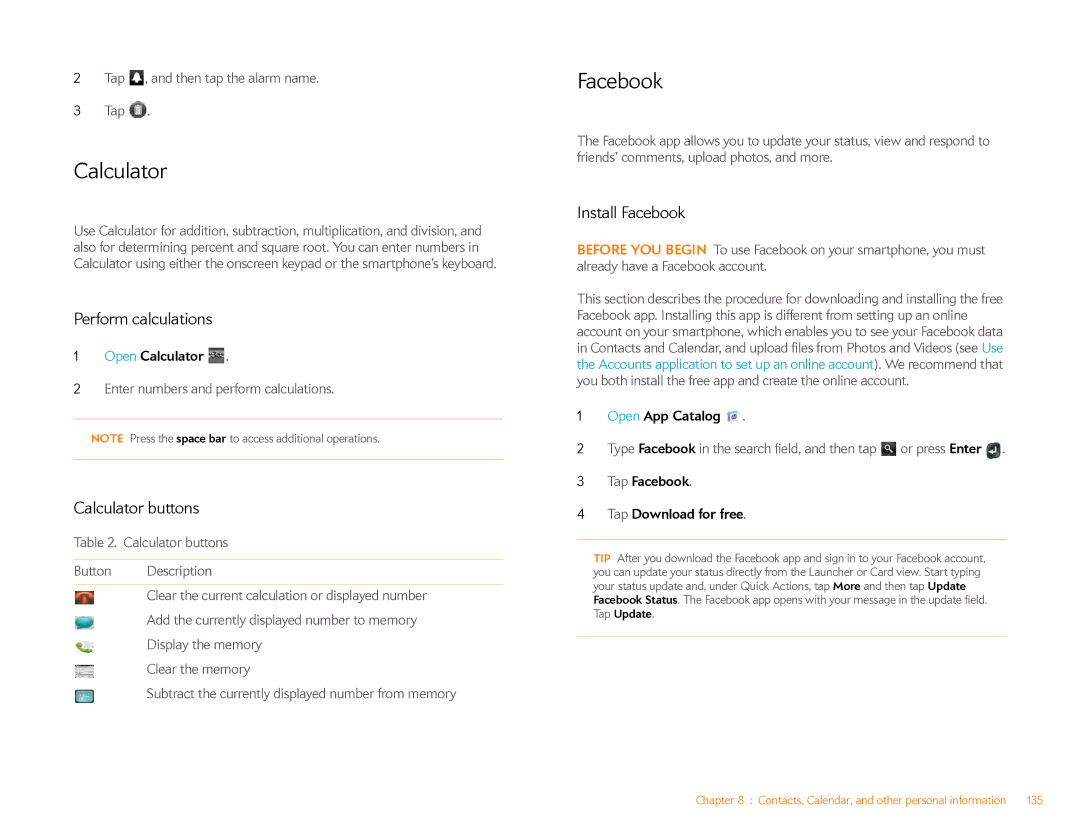 HP Veer 4G (AT&T) manual Perform calculations, Calculator buttons, Install Facebook 