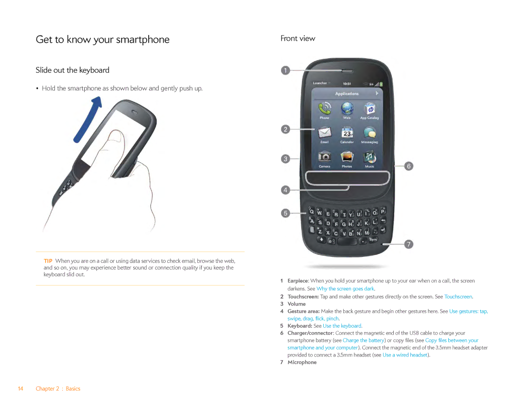 HP Veer 4G (AT&T) manual Get to know your smartphone, Slide out the keyboard 