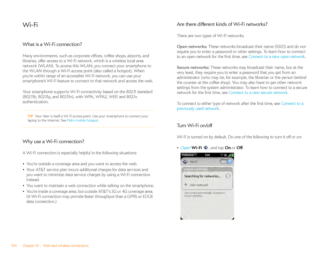 HP Veer 4G (AT&T) manual What is a Wi-Fi connection?, Why use a Wi-Fi connection?, Turn Wi-Fi on/off 