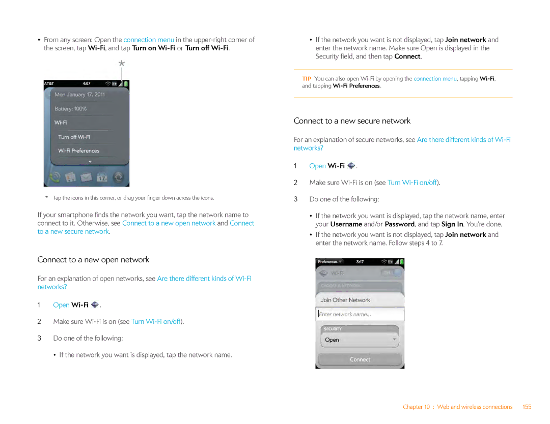 HP Veer 4G (AT&T) manual Connect to a new open network, Connect to a new secure network, Open Wi-Fi 