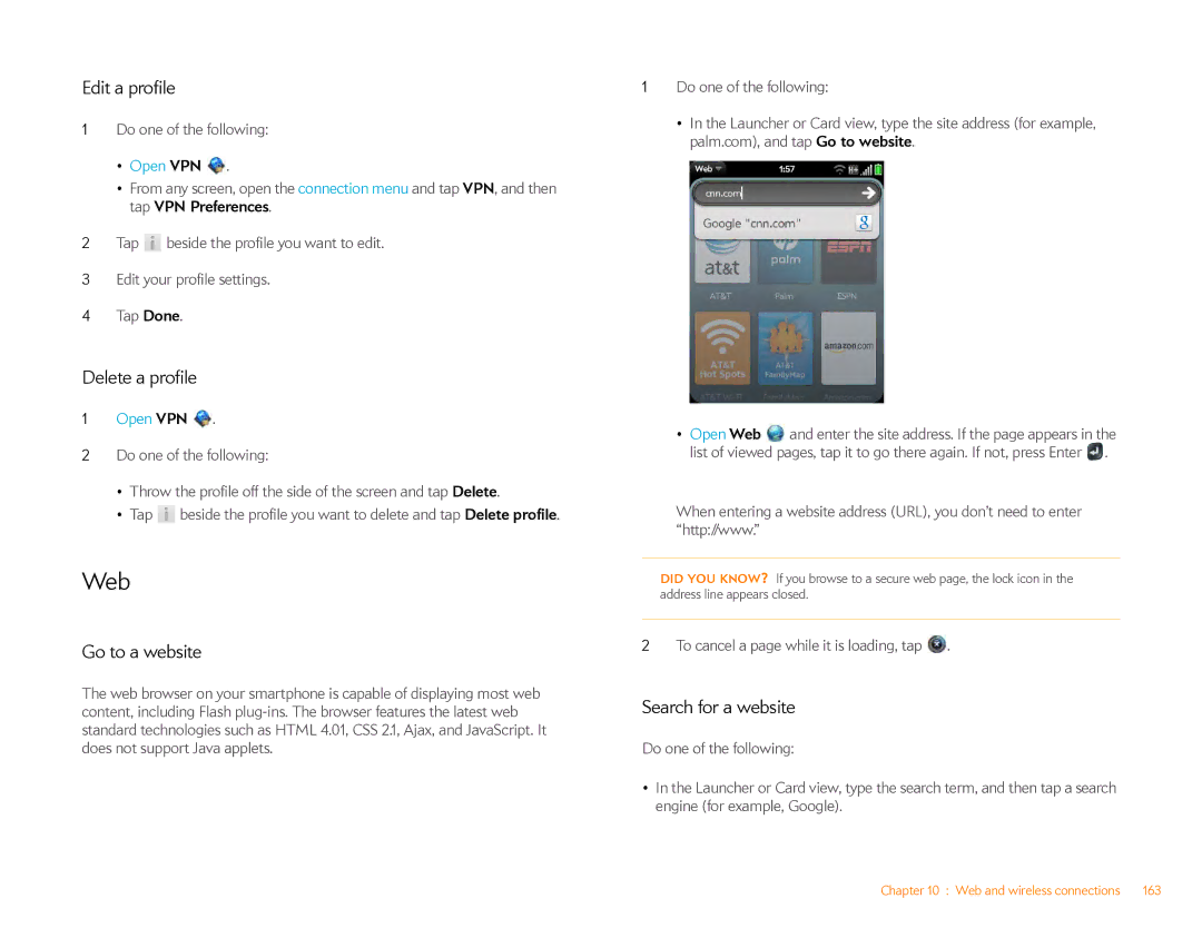 HP Veer 4G (AT&T) manual Web, Edit a profile, Delete a profile, Go to a website, Search for a website 