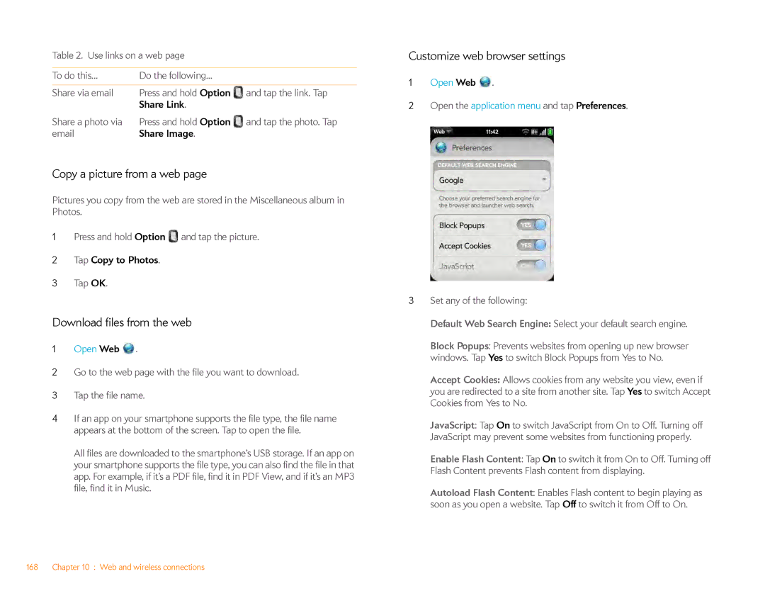 HP Veer 4G (AT&T) manual Copy a picture from a web, Download files from the web, Customize web browser settings 