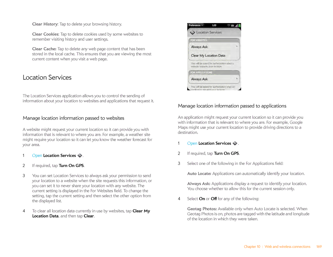 HP Veer 4G (AT&T) manual Manage location information passed to websites, Open Location Services 