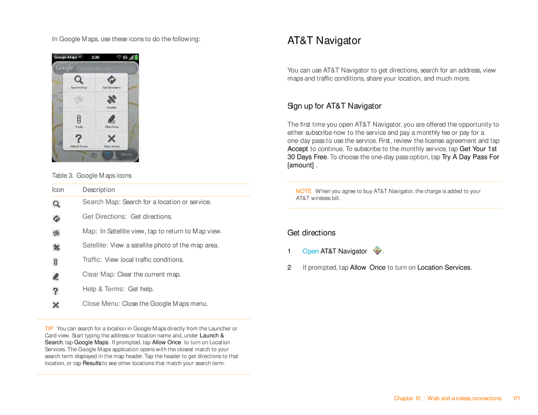 HP Veer 4G (AT&T) manual Sign up for AT&T Navigator, Get directions, Open AT&T Navigator 