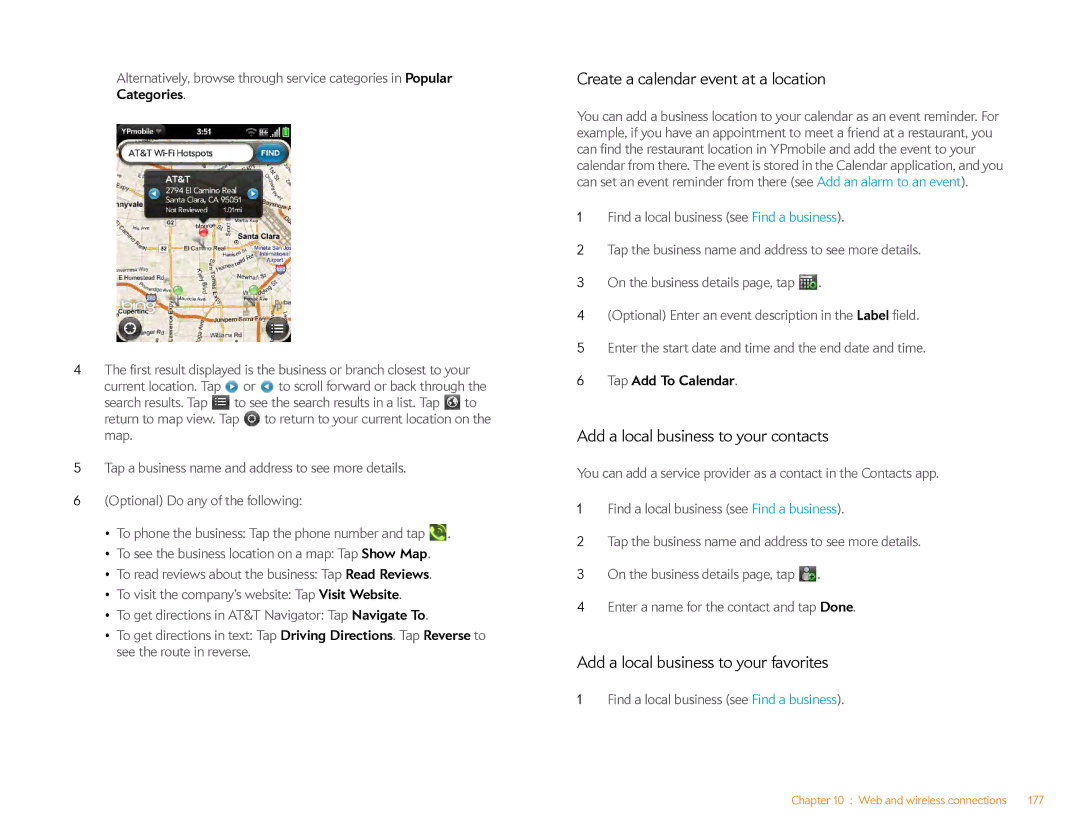 HP Veer 4G (AT&T) manual Create a calendar event at a location, Add a local business to your contacts, Tap Add To Calendar 