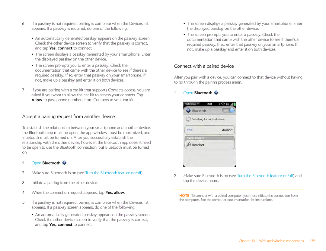 HP Veer 4G (AT&T) manual Accept a pairing request from another device, Connect with a paired device 