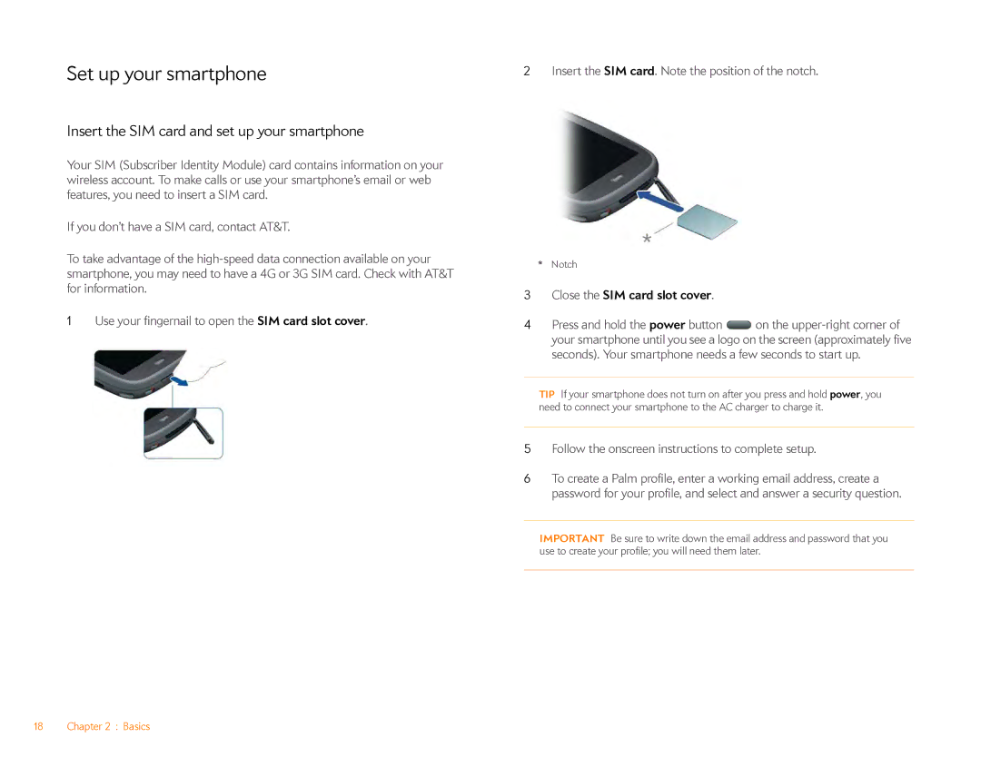 HP Veer 4G (AT&T) Set up your smartphone, Insert the SIM card and set up your smartphone, Close the SIM card slot cover 