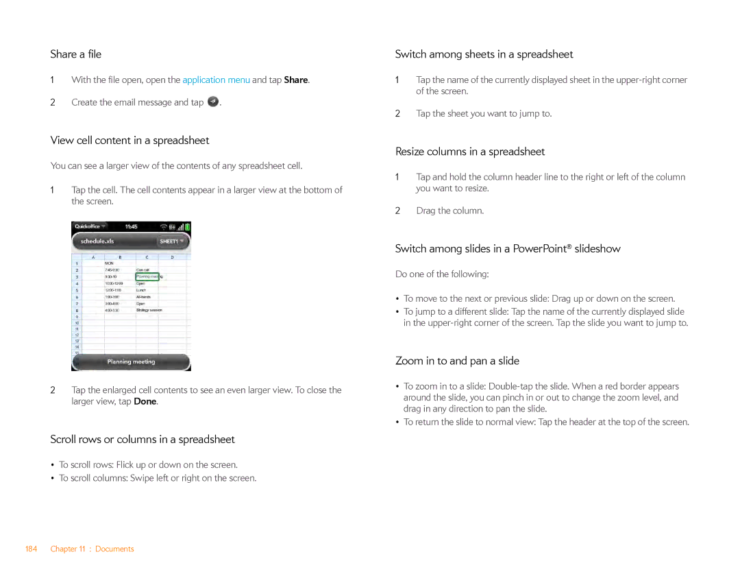 HP Veer 4G (AT&T) manual Share a file, View cell content in a spreadsheet, Scroll rows or columns in a spreadsheet 