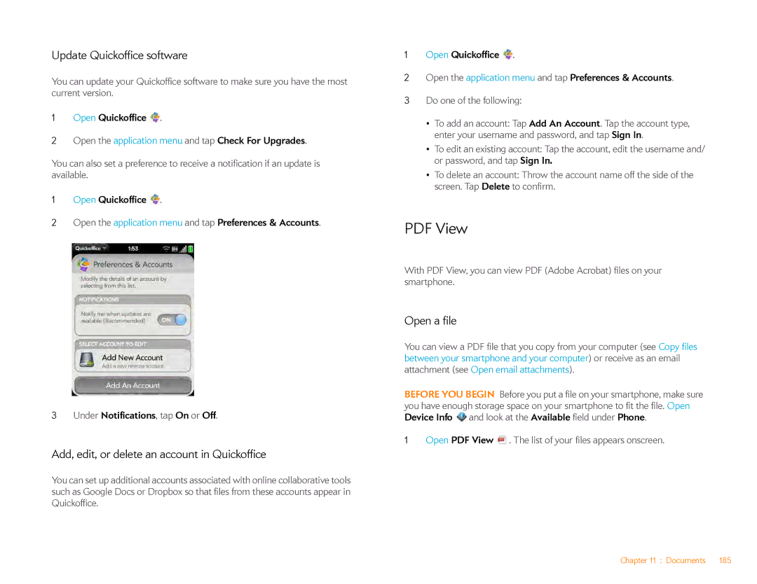 HP Veer 4G (AT&T) manual Update Quickoffice software, Add, edit, or delete an account in Quickoffice 
