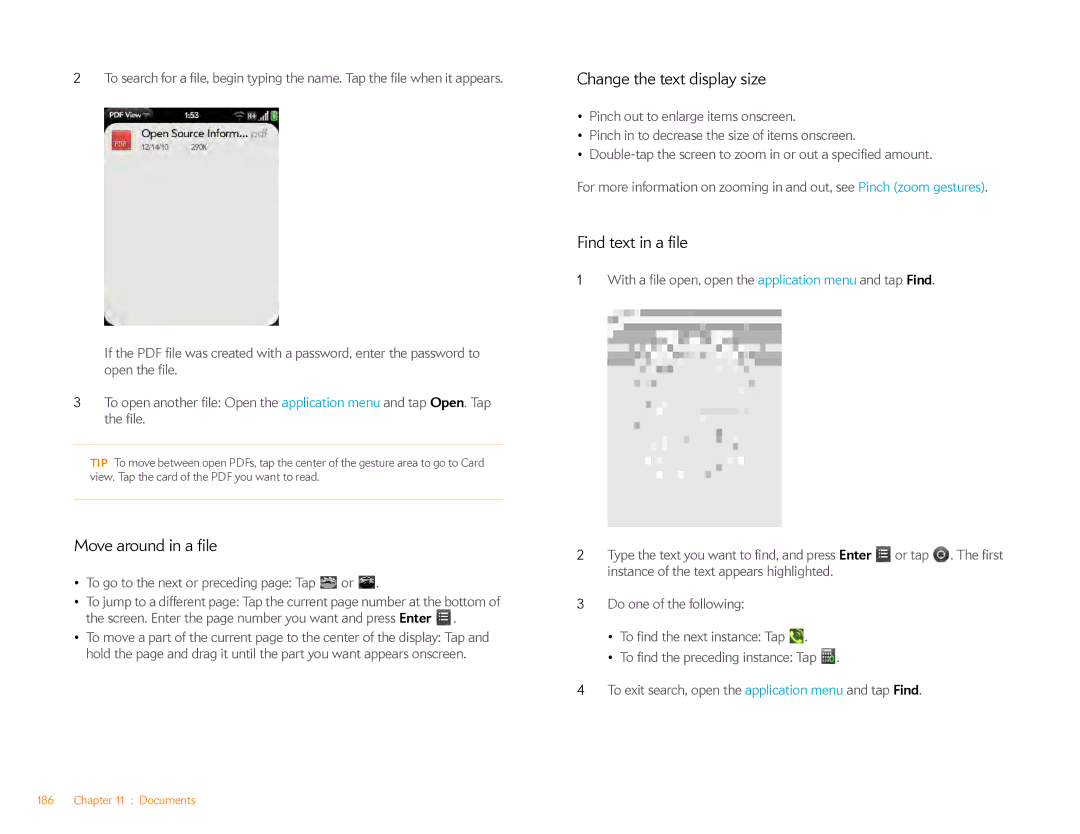 HP Veer 4G (AT&T) manual Change the text display size, Find text in a file, Move around in a file 