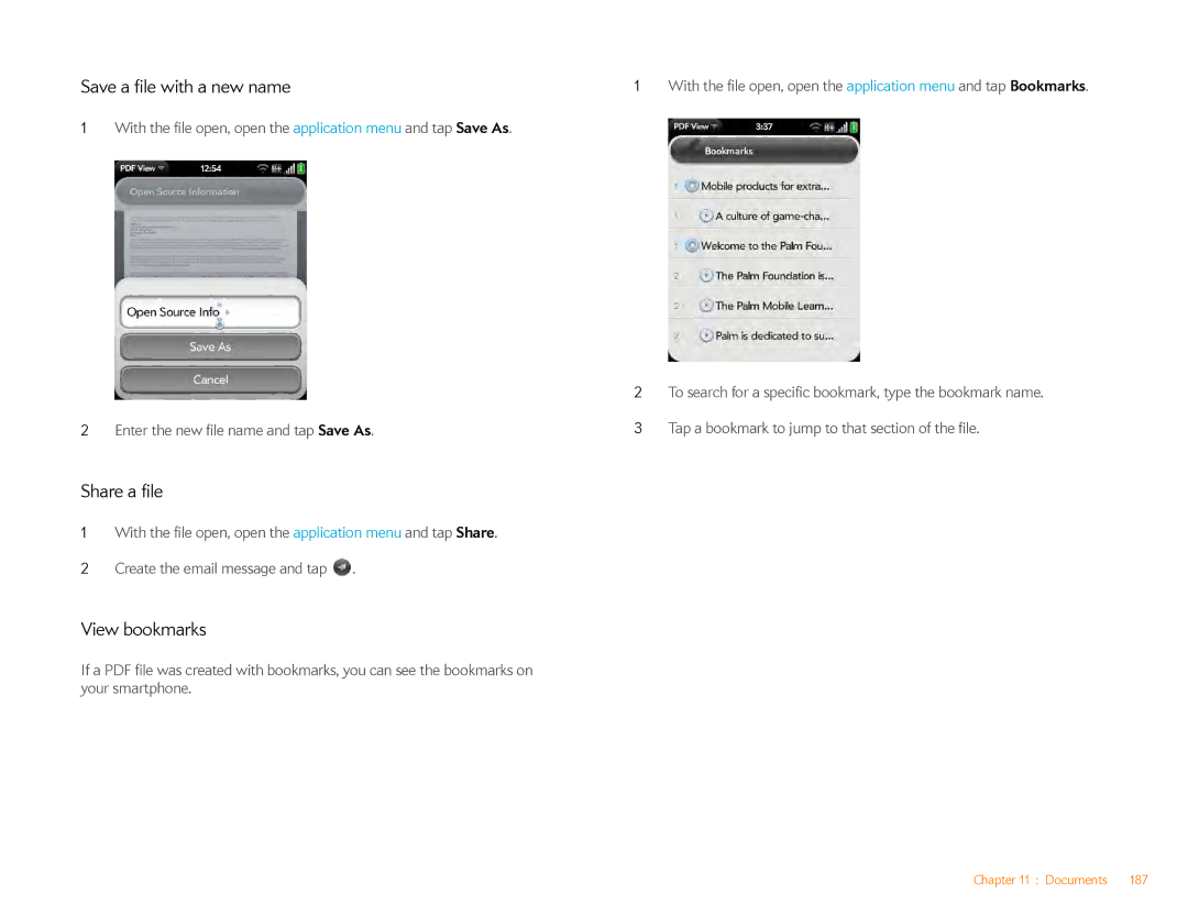 HP Veer 4G (AT&T) manual Save a file with a new name, View bookmarks 