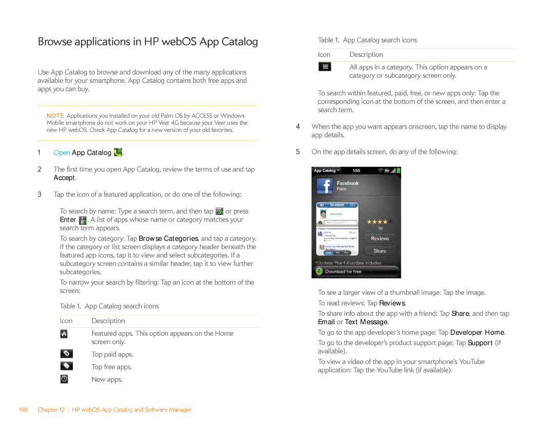 HP Veer 4G (AT&T) manual Browse applications in HP webOS App Catalog, Open App Catalog 