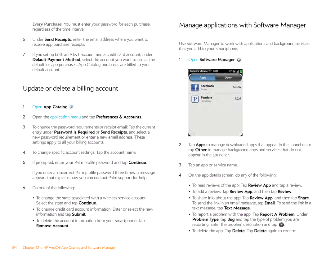 HP Veer 4G (AT&T) Update or delete a billing account, Manage applications with Software Manager, Open Software Manager 