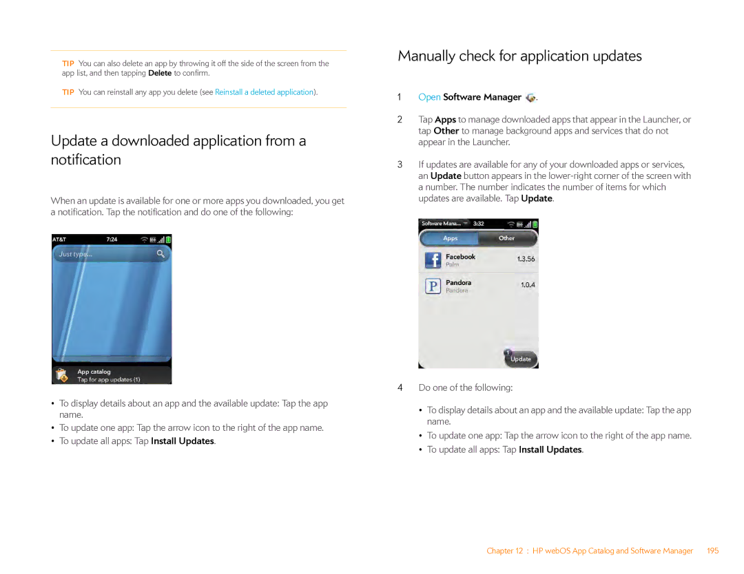 HP Veer 4G (AT&T) manual Update a downloaded application from a notification, Manually check for application updates 