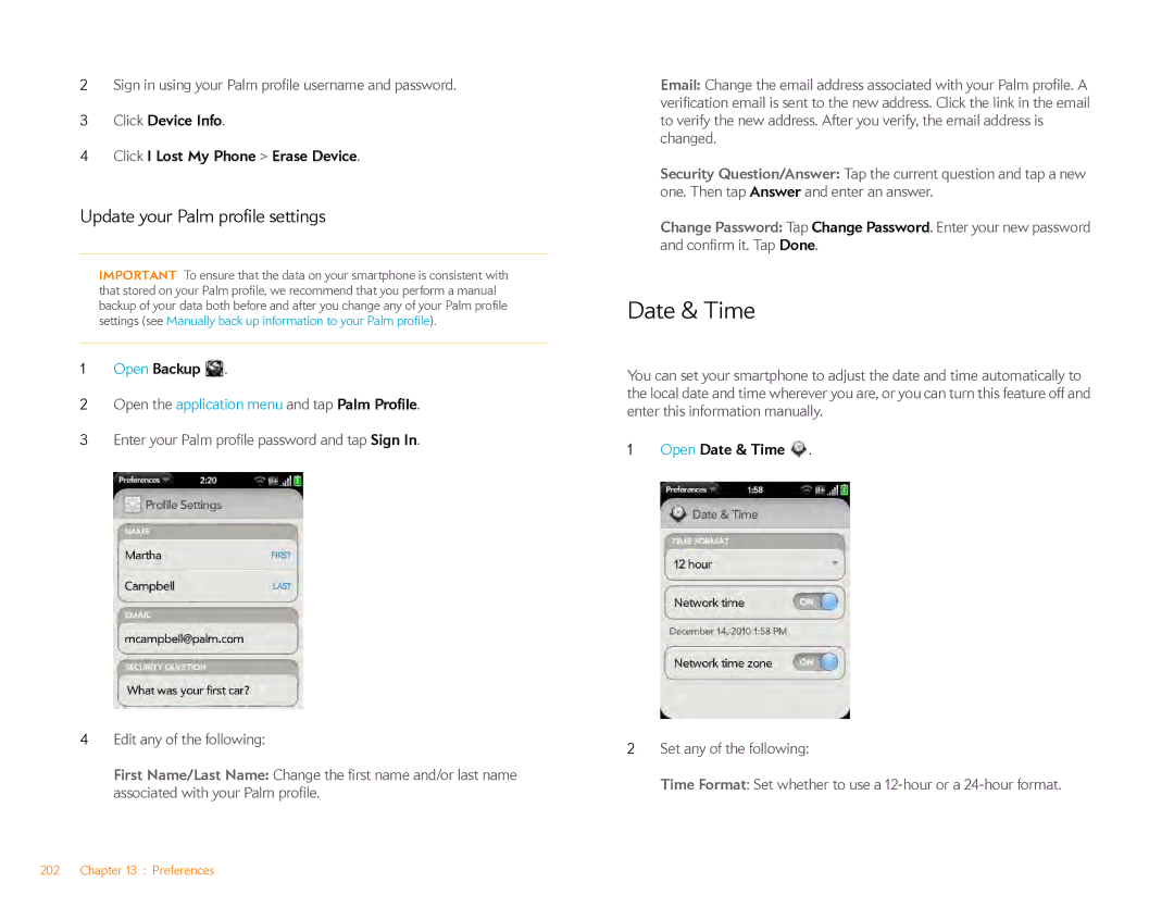 HP Veer 4G (AT&T) Date & Time, Update your Palm profile settings, Sign in using your Palm profile username and password 