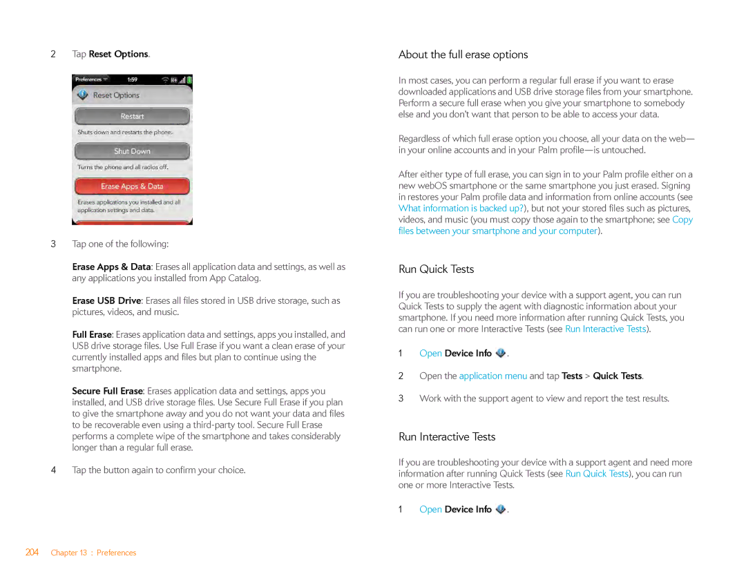 HP Veer 4G (AT&T) manual About the full erase options, Run Quick Tests, Run Interactive Tests, Tap Reset Options 