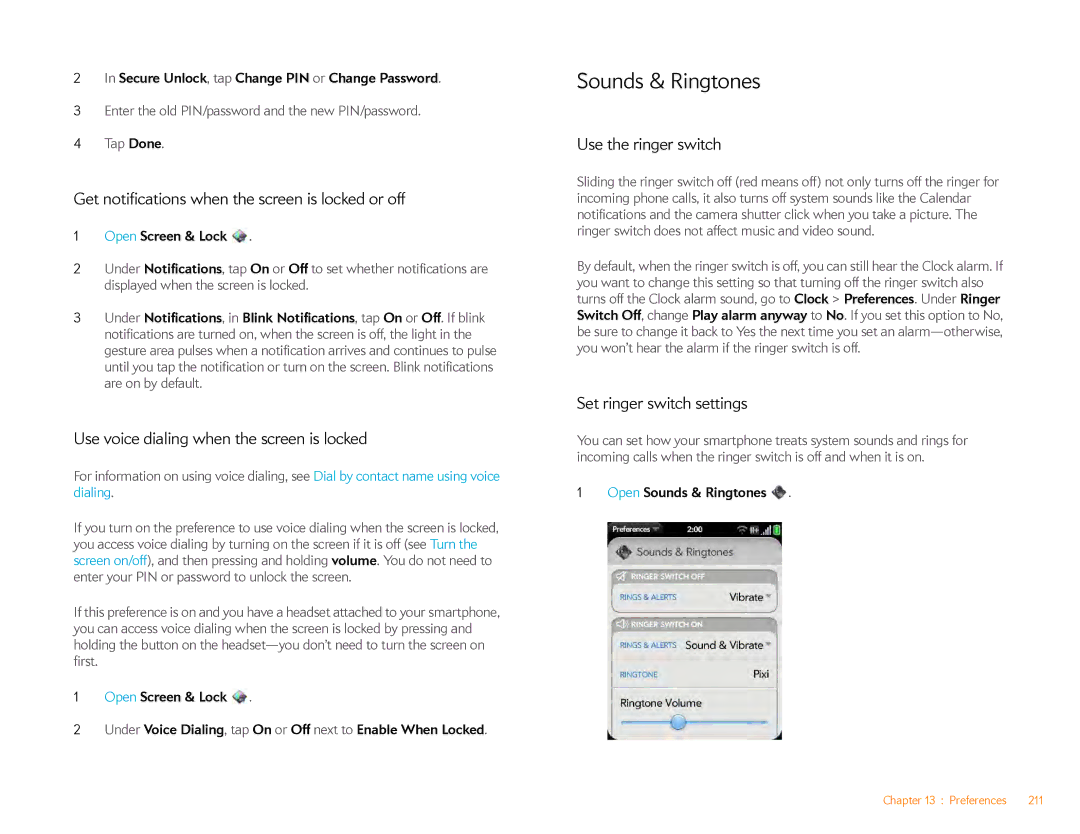 HP Veer 4G (AT&T) manual Sounds & Ringtones, Get notifications when the screen is locked or off, Use the ringer switch 