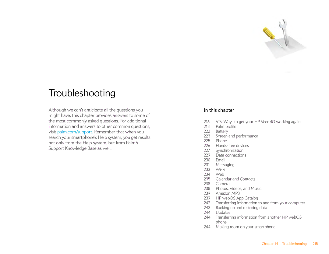 HP Veer 4G (AT&T) manual Troubleshooting, This chapter 