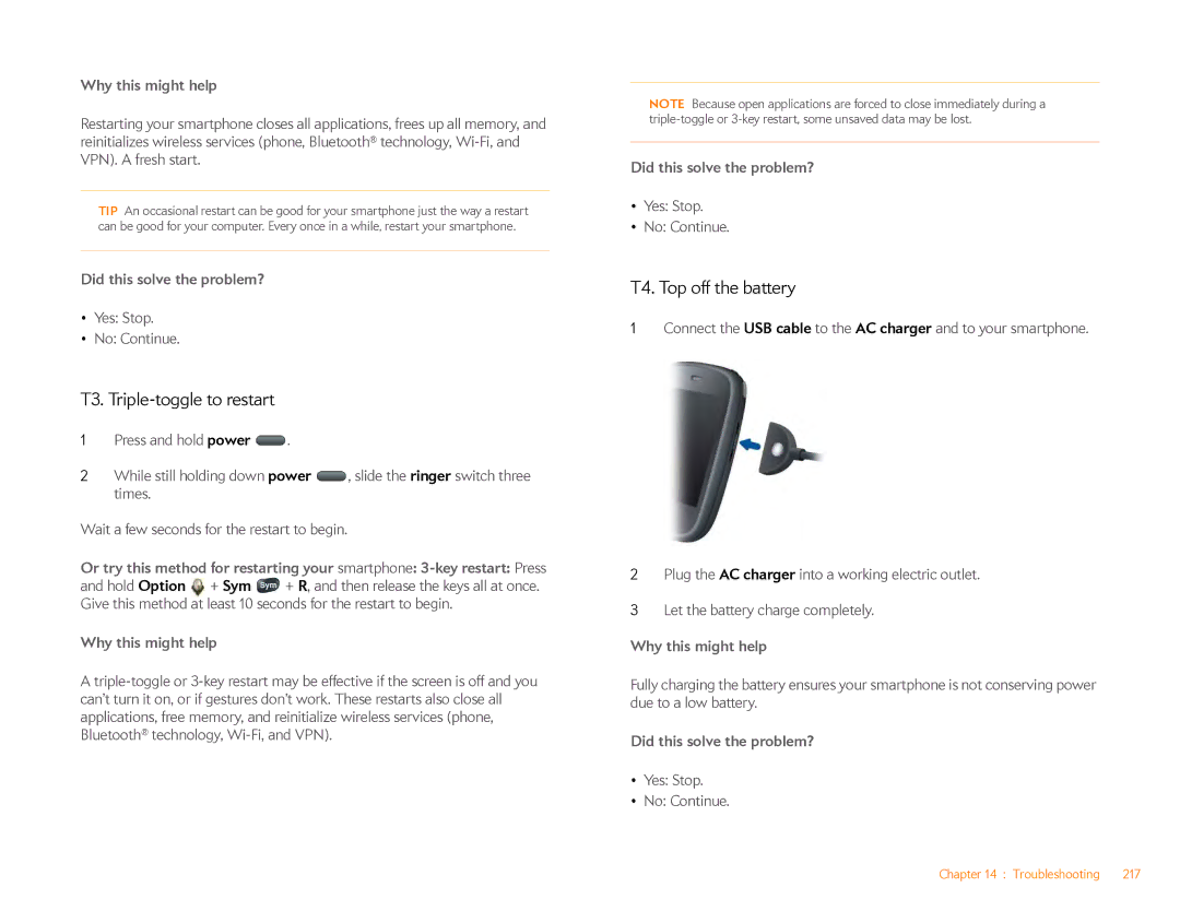 HP Veer 4G (AT&T) manual T3. Triple-toggle to restart, T4. Top off the battery 