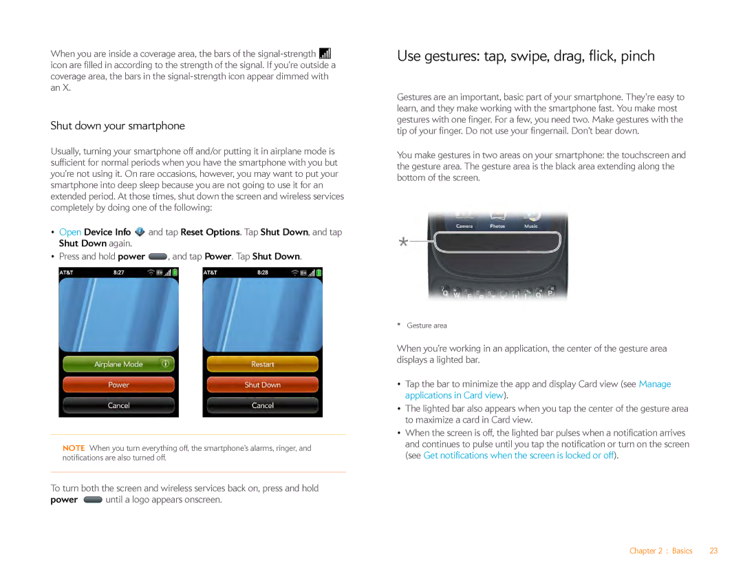 HP Veer 4G (AT&T) manual Use gestures tap, swipe, drag, flick, pinch, Shut down your smartphone 
