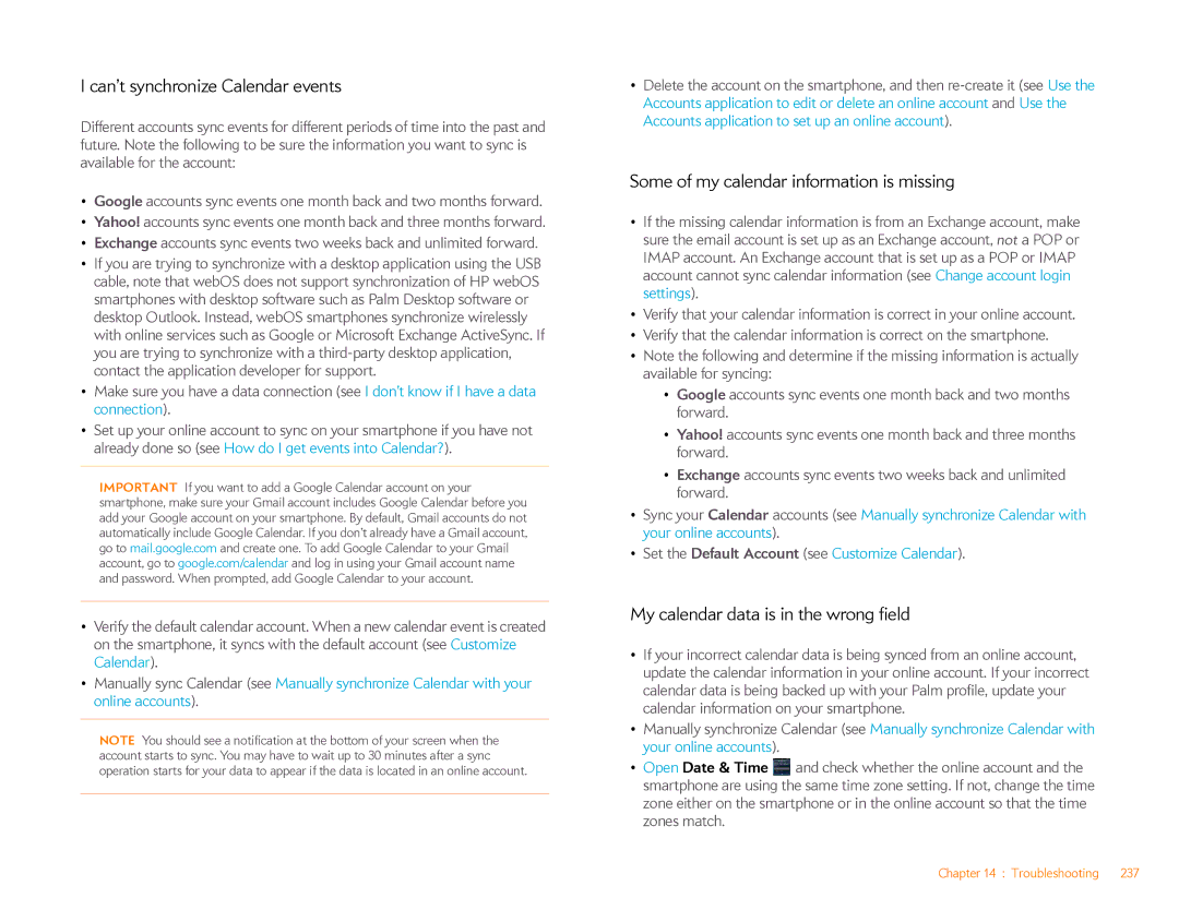 HP Veer 4G (AT&T) manual Can’t synchronize Calendar events, Some of my calendar information is missing 