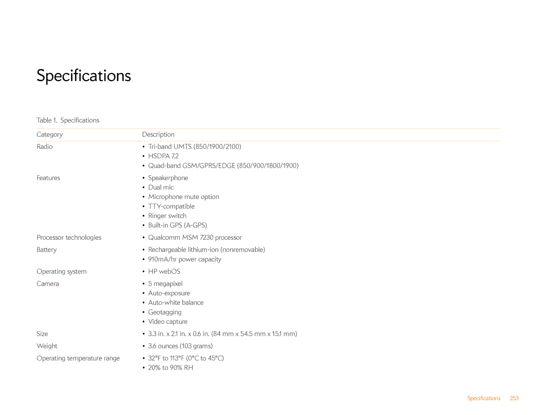 HP Veer 4G (AT&T) manual Specifications 