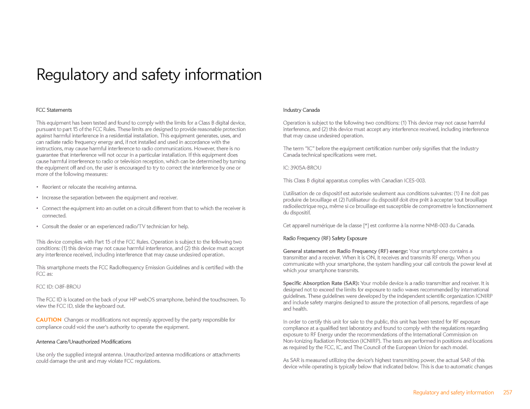 HP Veer 4G (AT&T) manual Regulatory and safety information, FCC Statements 