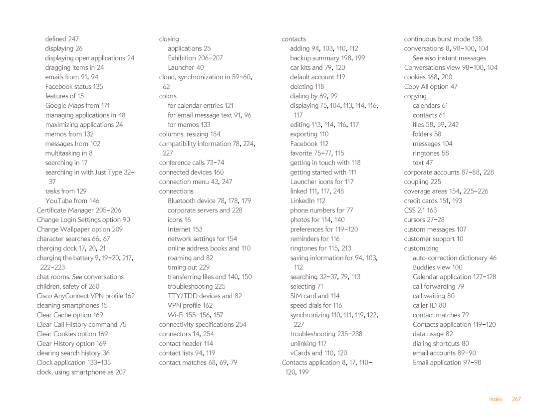 HP Veer 4G (AT&T) manual 222-223, Dialing by 69 Displaying 75, 104, 113, 114, 116 